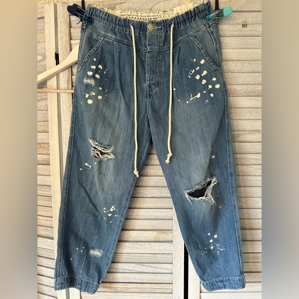 Mixed Up Cotton Distressed Utility Jeans